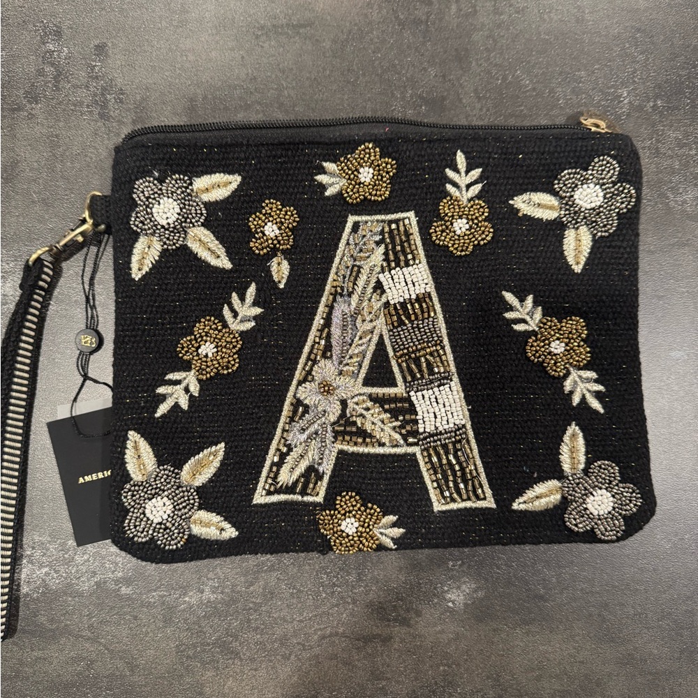 America and Beyond Black and Gold Floral‎ Beaded Clutch